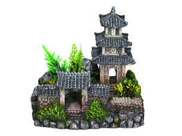 Aqua Ornaments  ASIAN TEMPLE  - w/ plants  18 5 x 14 2 x 17 cm